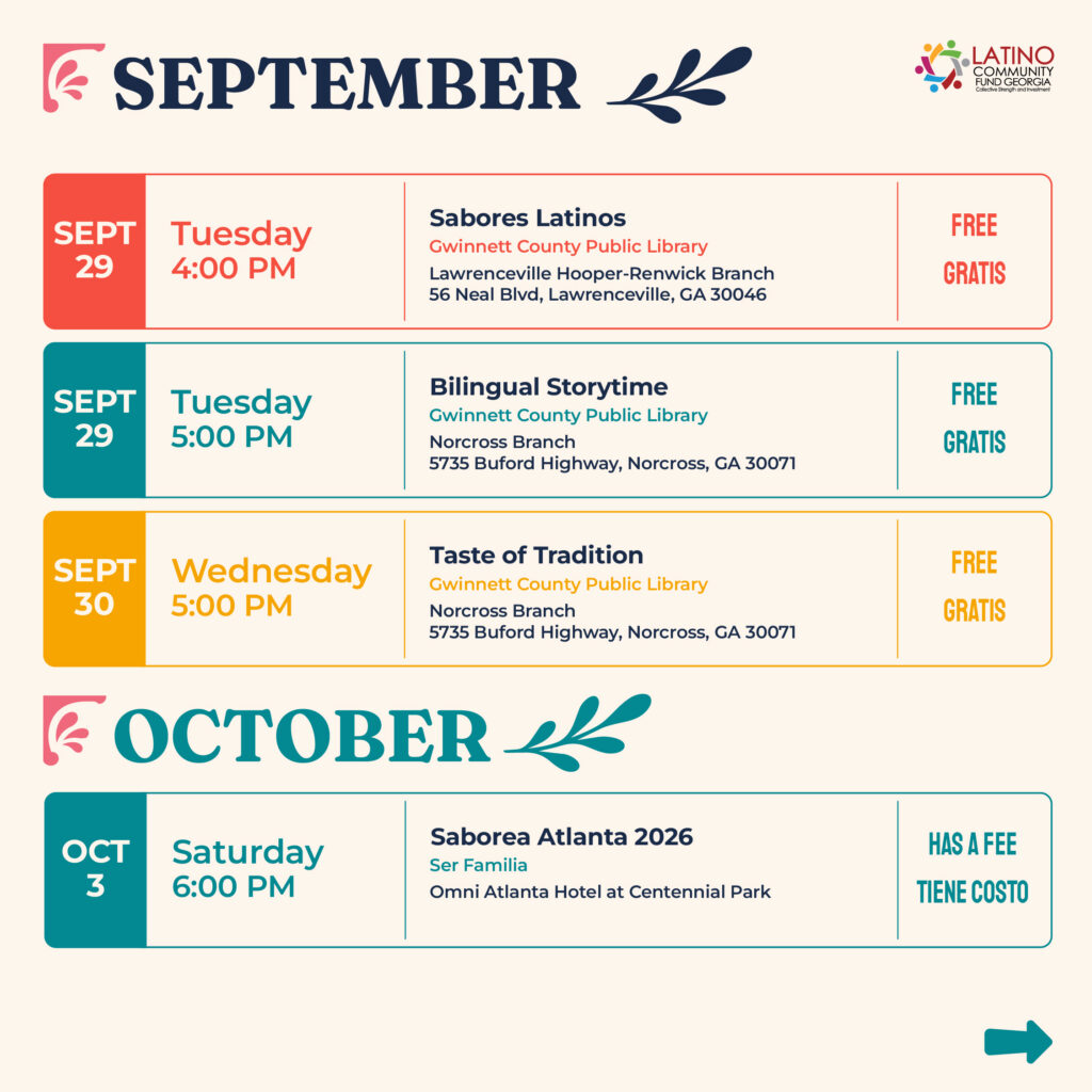 September 29 to October 3 events: Sabores Latinos at Lawrenceville-Hooper-Renwick Branch, Bilingual Storytime at Norcross Branch, Taste of Tradition at Norcross Branch, and Saborea Atlanta 2026 at Centennial Park.